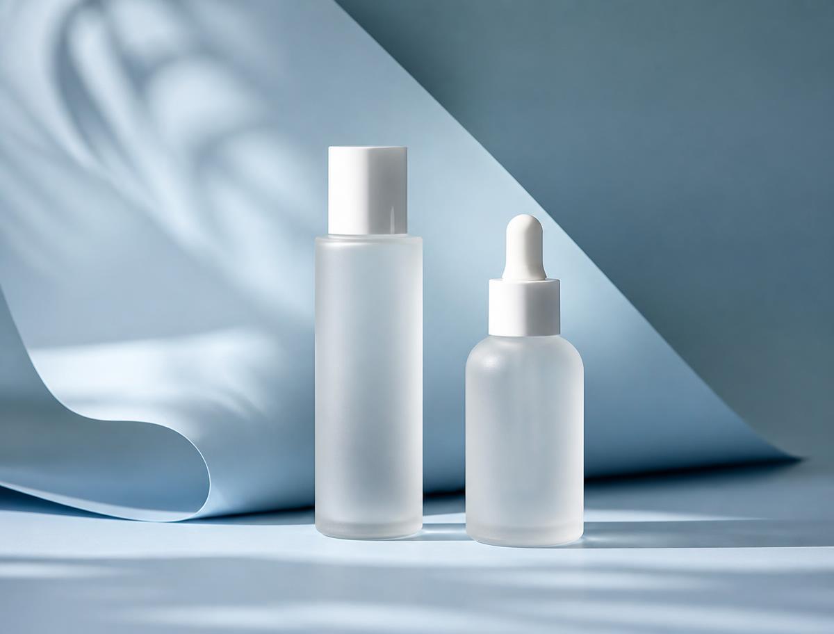 Two unlabelled frosted glass skincare bottles on a mist blue backdrop