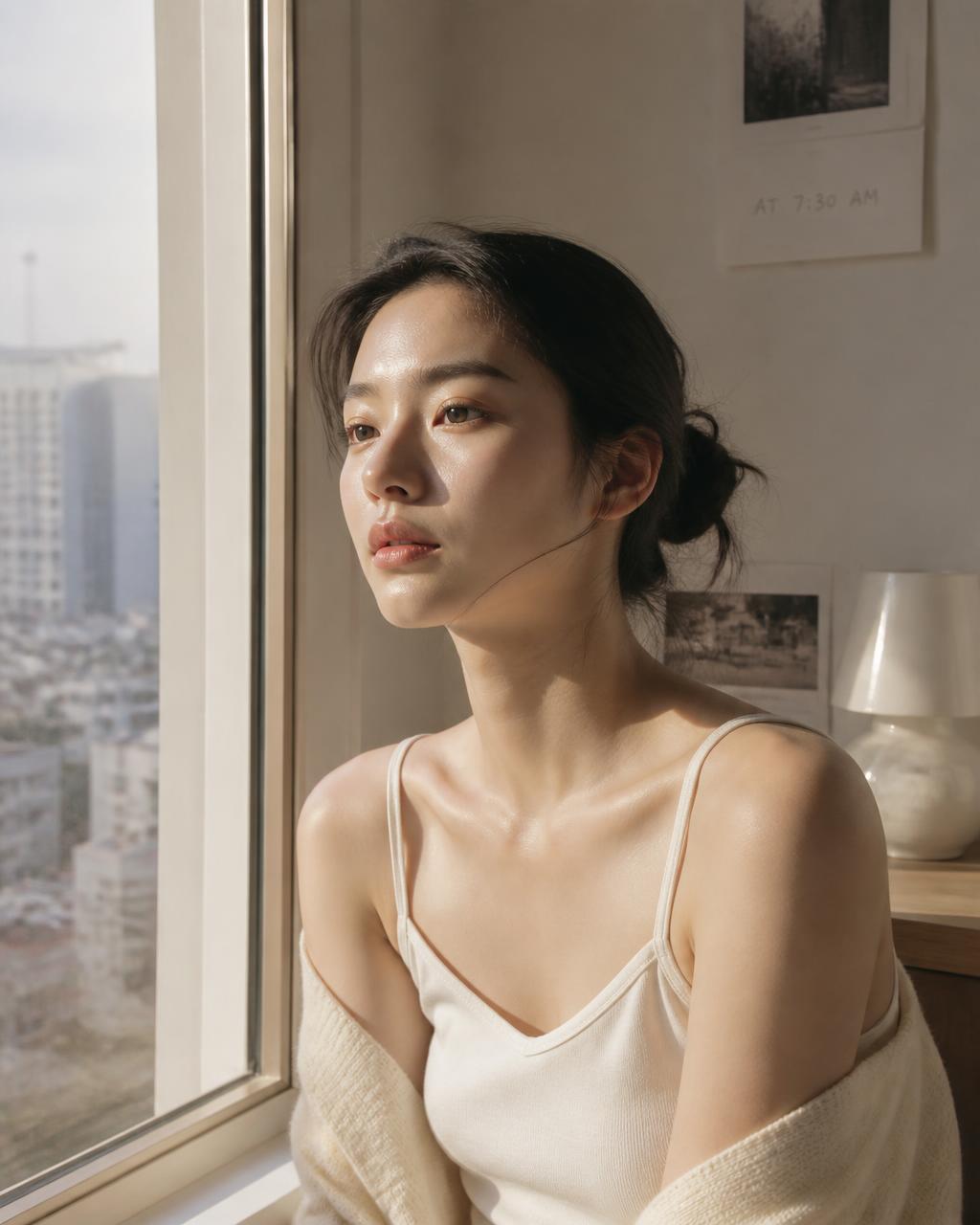 Woman with fresh, dewy skin in soft morning light beside a window