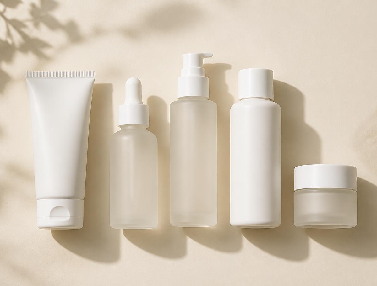 Five plain skincare bottles arranged in a simple row on an ivory surface