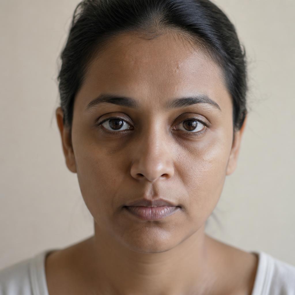 South Asian woman with dull, tired-looking skin, natural daylight portrait