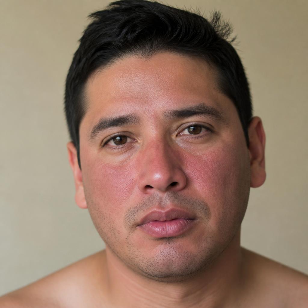 Latino man with visible facial redness and uneven texture, natural daylight portrait