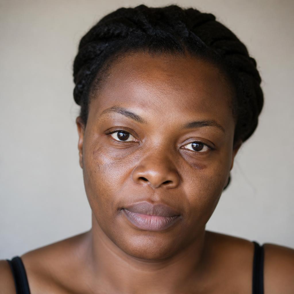 Black woman with dark spots and uneven tone, natural daylight portrait